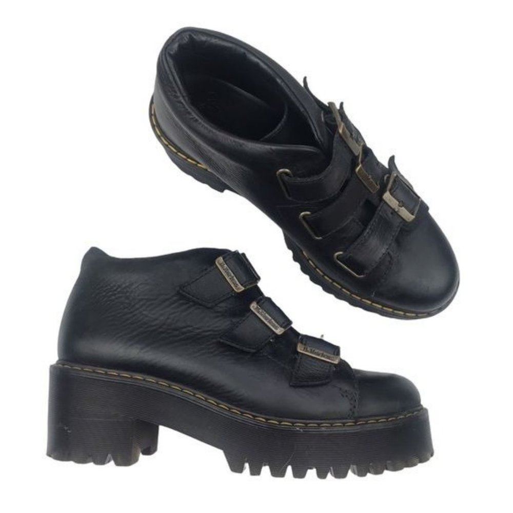 Dr. Martens Black Leather Coppola Buckle Platform Ankle Boots